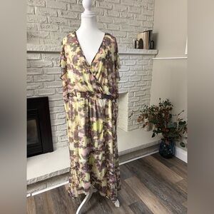 Addition Elle Watercolor Wrap Maxi Dress in Yellow and MauveSize 4XL